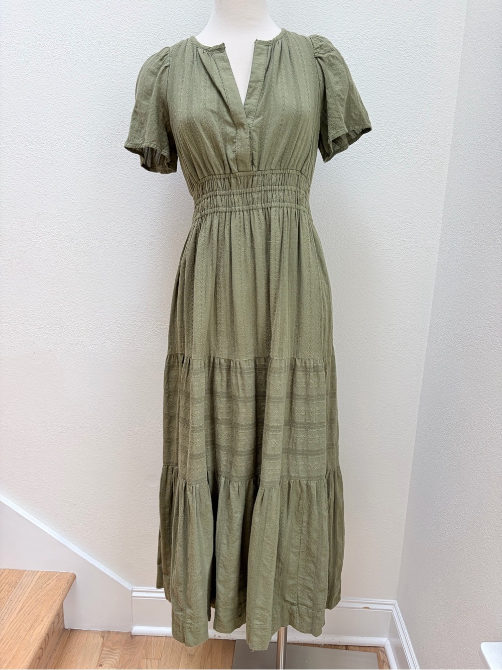 Anthropologie Somerset Maxi Dress Smocked Textured Cotton Olive Green Size Xs - Picture 2 of 15